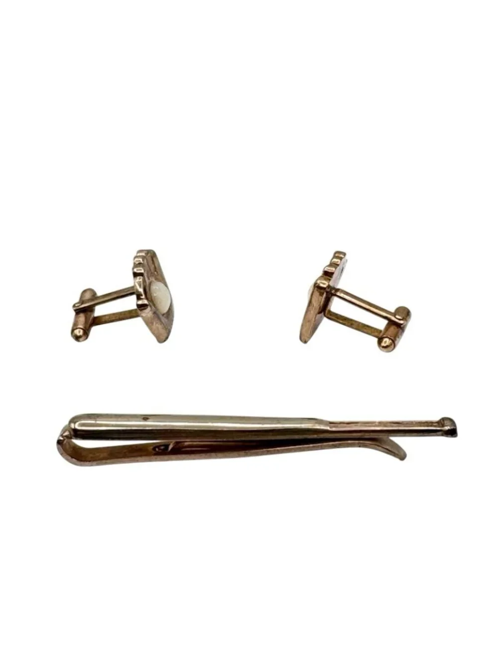 Baseball Motif Cuff Links Tie Clip MOP Baseball in Mitt Gold Tone Vintage 1950s - Picture 7 of 9